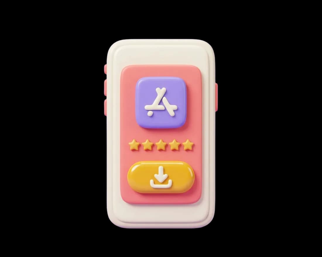 A 3D illustration of a Google App ad: an app install card with a star rating and an install button on a phone.