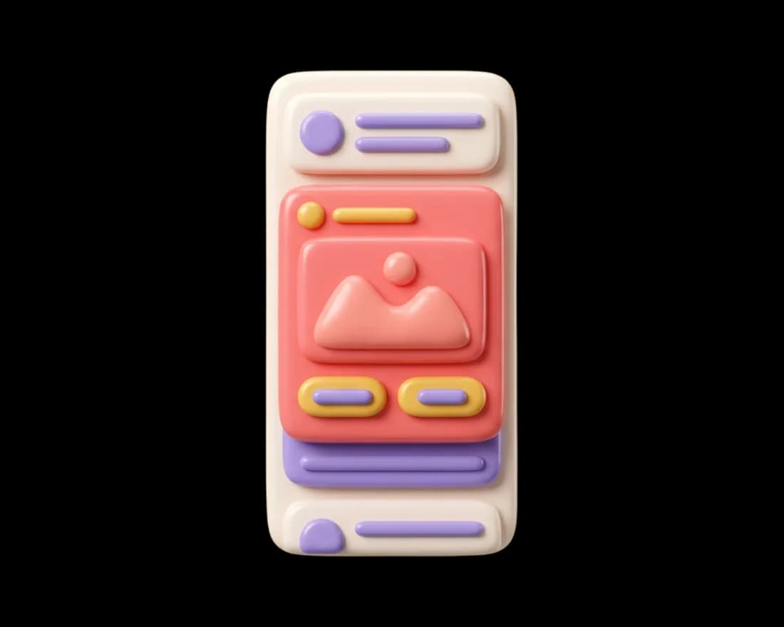 A 3D illustration of a Google Discovery ad: a sponsored card with an image and buttons inside a mobile content feed.