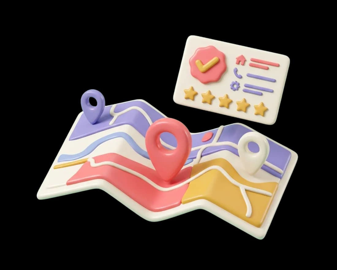 A 3D illustration of Google Local Services Ads: a map with location pins and a verified local-business card.