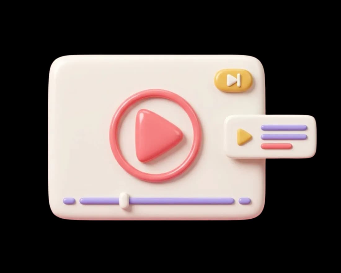 A 3D illustration of a Google Video ad: a play button and a skippable ad on a video player.