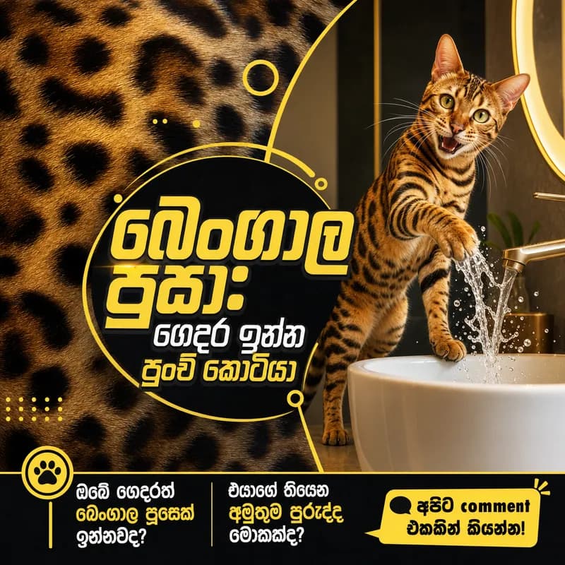 AI-generated Facebook post about Bengal cats for the brand Pettopia, with Sinhala copy and a comment call-to-action