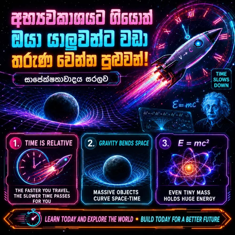 Sample Sinhala social media post for an education page explaining space and time in simple terms