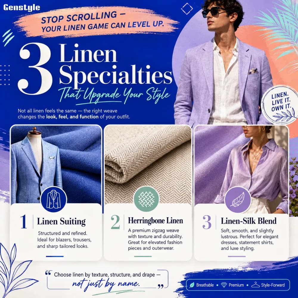 Sample English social media post for a menswear brand featuring three linen fabric styles