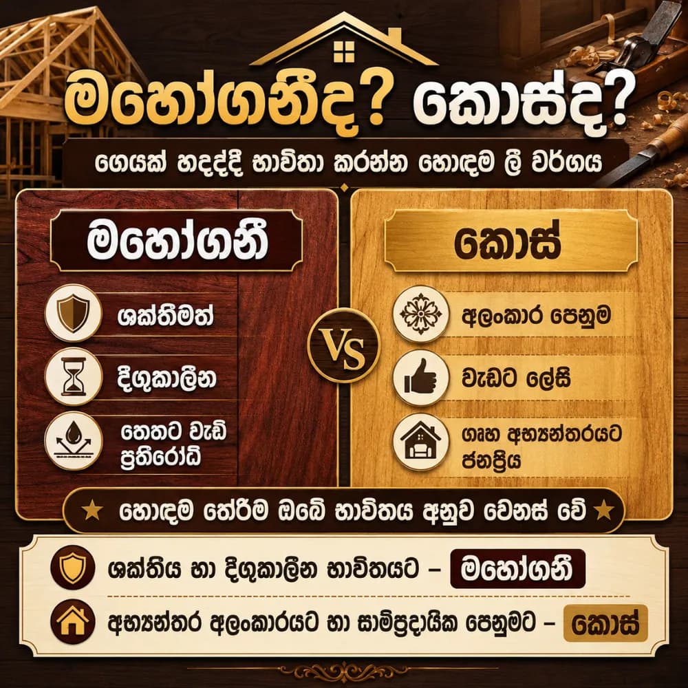 Sample Sinhala social media post for a furniture brand comparing mahogany and jak wood